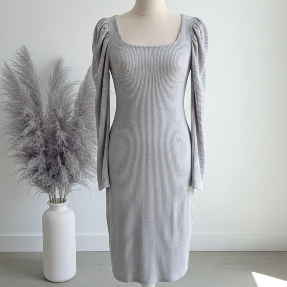 Express|NEW Light Grey Long Puffed Sleeve Square Neck Ribbed Knit Dress Sz S NWT